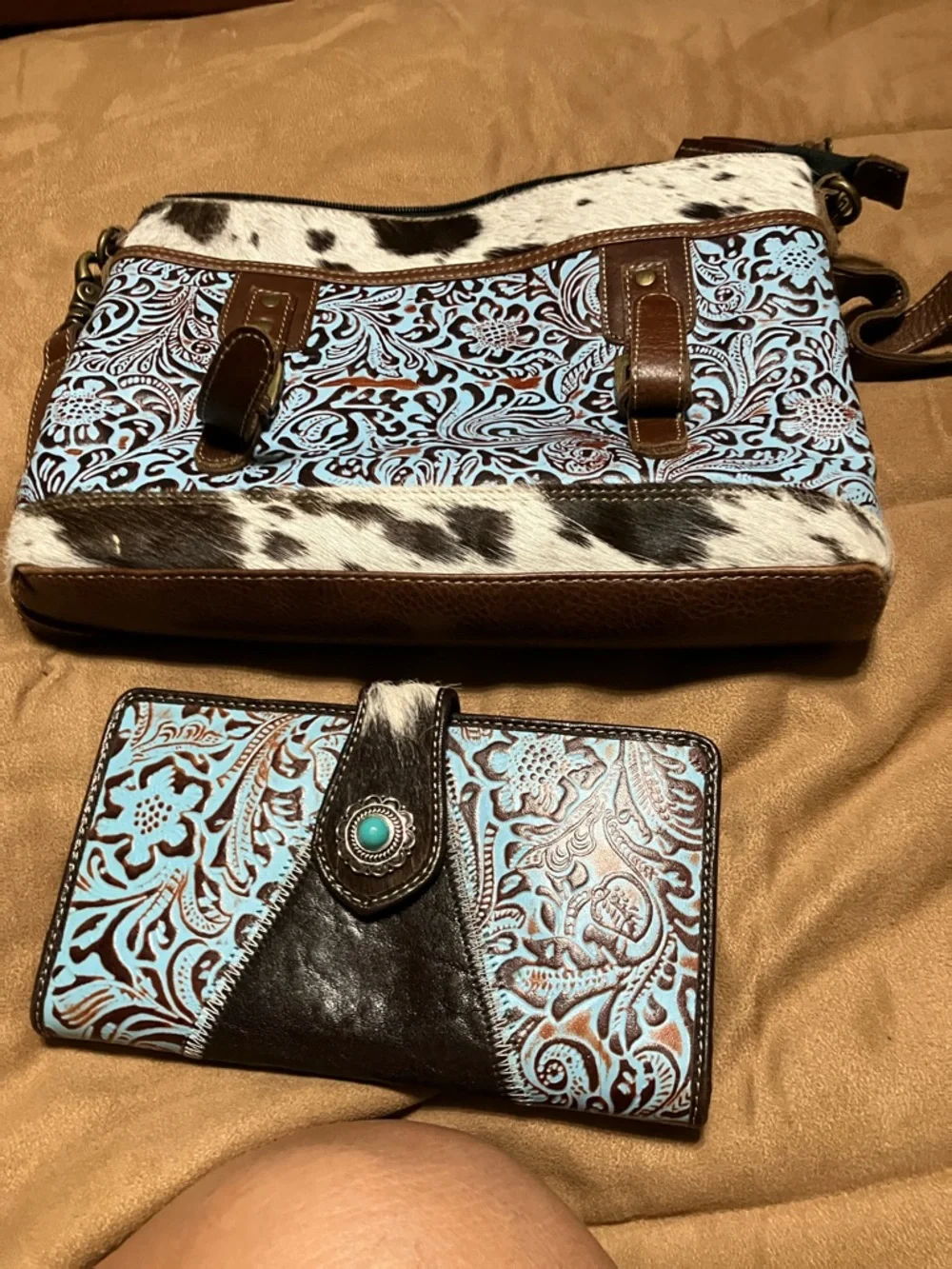 Myra Bag Light Blue Floral Tooled Satchel with Brown & Cowhide Accents